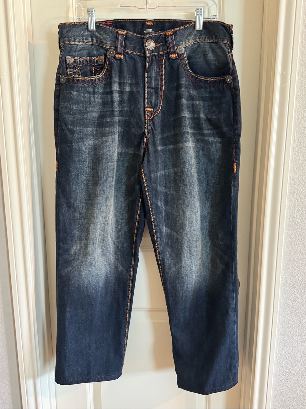 True Religion Men's Dark Blue Jeans with Orange Contrast Stitching